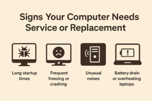 Infographic showing common signs that a computer needs repair or replacement, including long startup times, frequent crashes, unusual noises, and battery issues.
