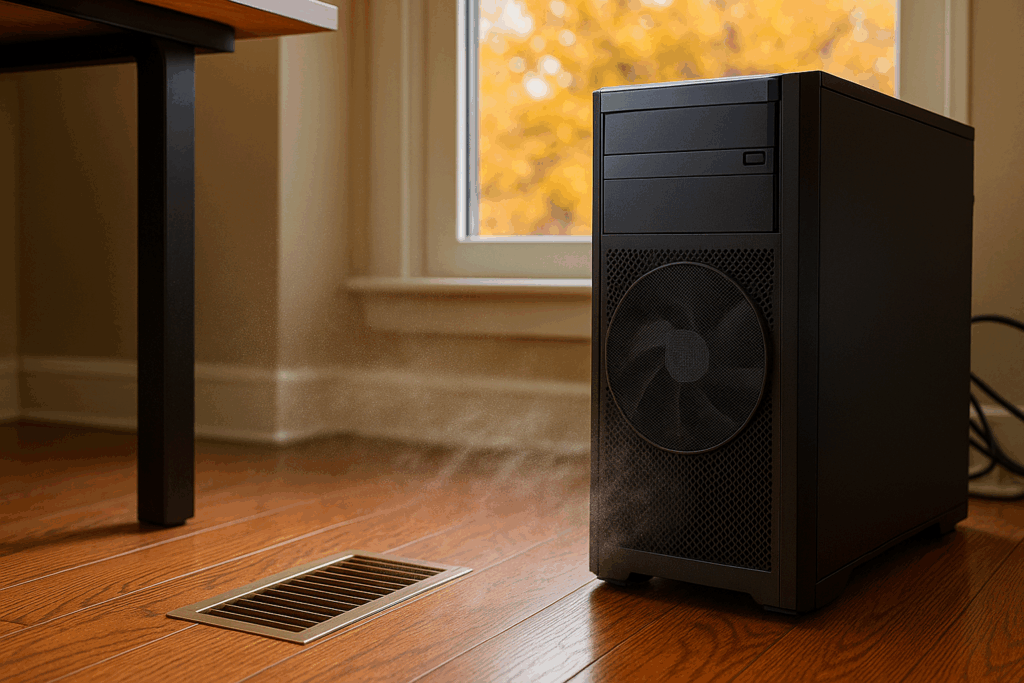 Desktop tower near a floor heating vent with dust drifting toward the front intake fan in autumn.