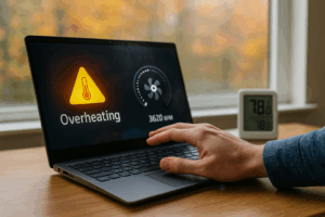 Laptop displaying an overheating alert and high fan RPM with an indoor thermometer in the background.