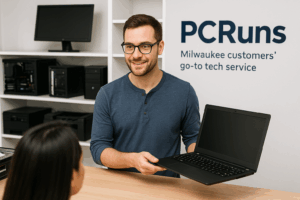 PCRuns technician assisting a Milwaukee customer with computer services.