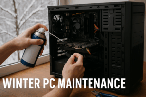 A technician cleaning dust from a desktop computer using compressed air during a winter tune-up in Milwaukee.