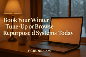 Promotional banner showing a repurposed laptop on a wooden desk in a cozy Milwaukee home office with snow outside and text inviting users to book a winter tune-up or browse repurposed systems from PCRuns.com.