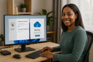 Person working on a computer while addressing Controlled Folder Access