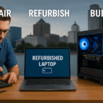 Repair, refurbish, and build computer options displayed with Milwaukee skyline in background.