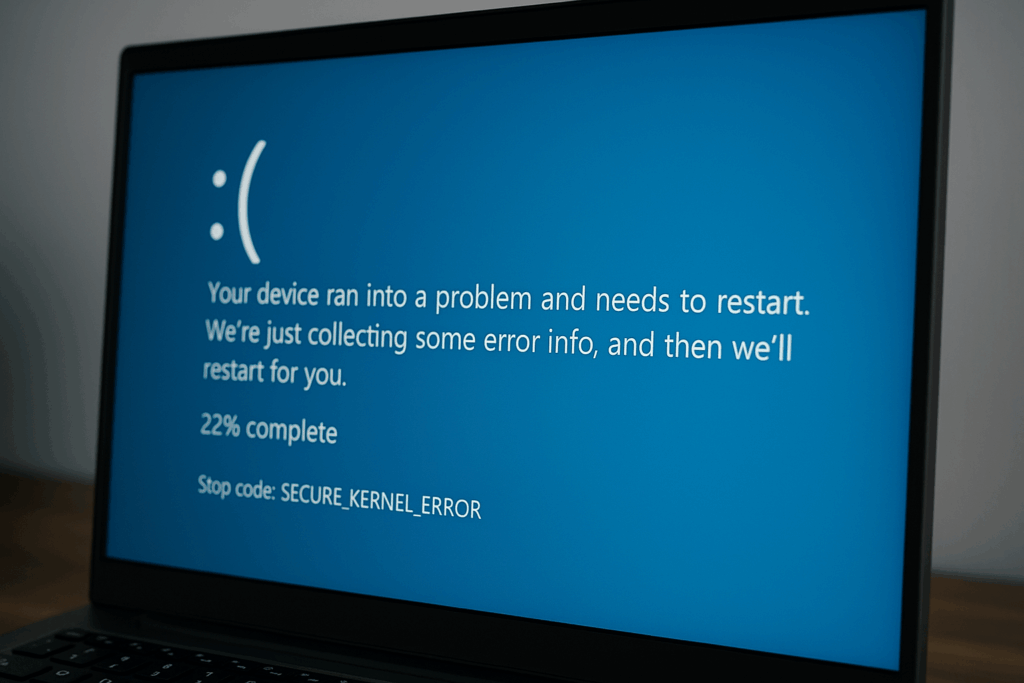 Computer screen showing Secure Kernel Blue Screen of Death error with text on the left side.