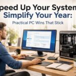 Technician optimizing a Windows desktop PC with Task Manager open to improve system speed and performance