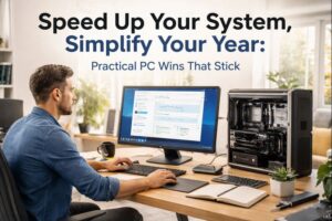 Technician optimizing a Windows desktop PC with Task Manager open to improve system speed and performance