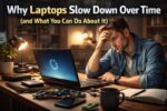 Frustrated laptop user waiting for a slow computer to load at a home desk