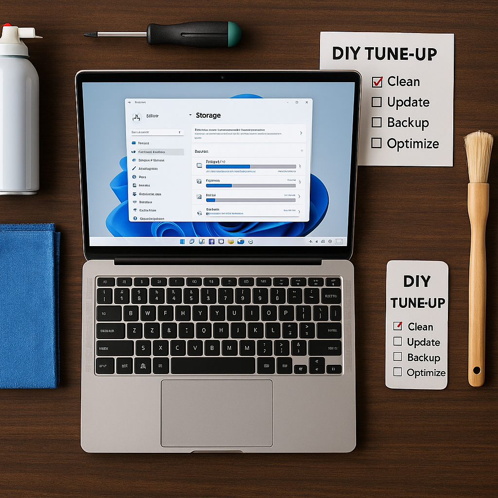 Flat-lay laptop with Windows 11 Storage open, microfiber cloth, air duster, brush, and DIY tune-up checklist.
