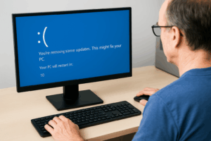 Technician repairing computer after blue screen with Windows desktop restored.