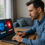 Person working on a computer while addressing Windows Defender vs third-party antivirus