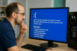 Technician troubleshooting Windows blue screen with safe recovery steps on monitor