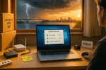 Student laptop showing a system tune-up on a dorm desk as lightning flashes over Milwaukee’s Hoan Bridge—backup drive, surge strip, and a PCRuns card visible.
