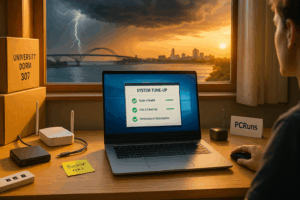 Student laptop showing a system tune-up on a dorm desk as lightning flashes over Milwaukee’s Hoan Bridge—backup drive, surge strip, and a PCRuns card visible.