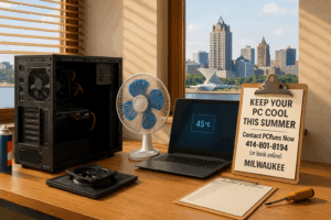 Wide-angle view of a PC repair workspace with an open desktop tower, laptop showing 45°C temperature, table fan, and a clipboard with PCRuns summer tune-up details, set against the Milwaukee skyline.