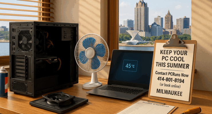 Wide-angle view of a PC repair workspace with an open desktop tower, laptop showing 45°C temperature, table fan, and a clipboard with PCRuns summer tune-up details, set against the Milwaukee skyline.