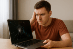 A young man examining a cracked laptop screen with a worried expression