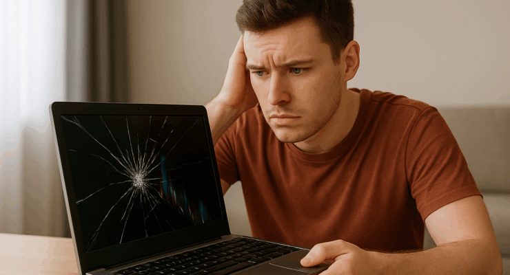 A young man examining a cracked laptop screen with a worried expression