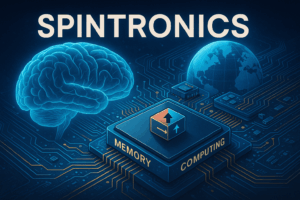 Futuristic illustration showing a glowing brain, circuit board, globe, and a chip marked “Memory” and “Computing” representing spintronics technology.