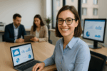Smiling businesswoman in modern office using upgraded technology with team in background