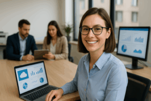 Smiling businesswoman in modern office using upgraded technology with team in background