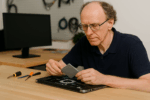 John, a Milwaukee computer technician, upgrading an older laptop with an SSD on a workbench.