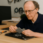John, a Milwaukee computer technician, upgrading an older laptop with an SSD on a workbench.
