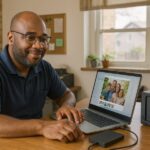 Person working on a computer while addressing AI brand scams