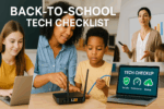 Wide featured collage showing a student on a laptop, a parent helping a child set up Wi-Fi, a teacher presenting, and a laptop with a tech checkup screen.
