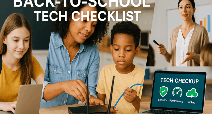Wide featured collage showing a student on a laptop, a parent helping a child set up Wi-Fi, a teacher presenting, and a laptop with a tech checkup screen.
