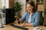 Person working on a computer while addressing small business backup