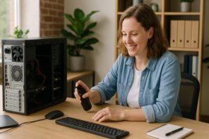 Person working on a computer while addressing small business backup