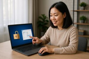 Person working on a computer while addressing BitLocker setup