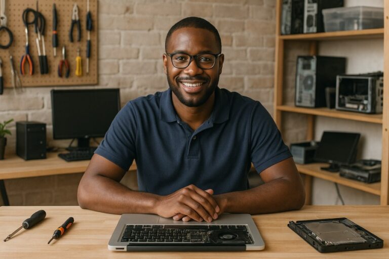 Customer discussing a laptop repair with a local computer technician