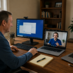 Customer receiving remote computer help while a cracked laptop requires in-person repair