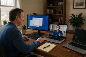 Customer receiving remote computer help while a cracked laptop requires in-person repair