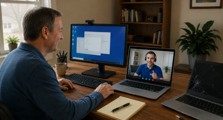 Customer receiving remote computer help while a cracked laptop requires in-person repair