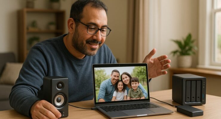 Person working on a computer while addressing computer speaker troubleshooting