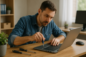 Person working on a computer while addressing computer tune-up