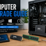 Computer upgrade guide showing SSD NVMe RAM and Windows 11 upgrade components inside desktop PC