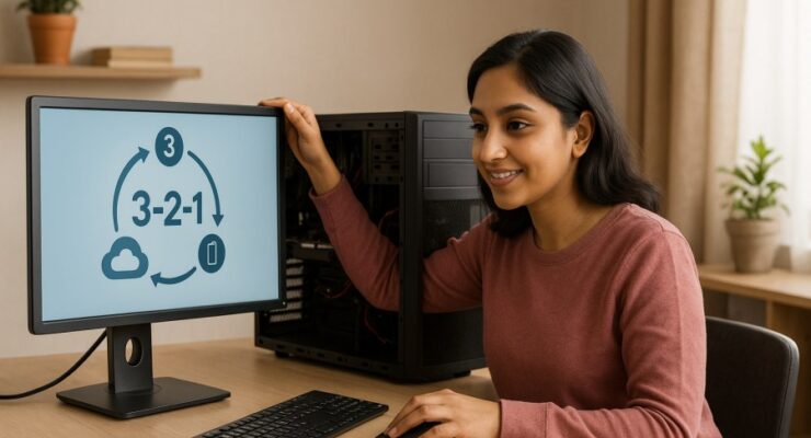 Person working on a computer while addressing 3-2-1 backup rule