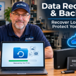 Local PCRuns technician explaining data recovery and backup solutions with an external hard drive, NAS, SSD, and cloud storage to help recover and protect important files.