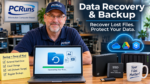 Local PCRuns technician explaining data recovery and backup solutions with an external hard drive, NAS, SSD, and cloud storage to help recover and protect important files.