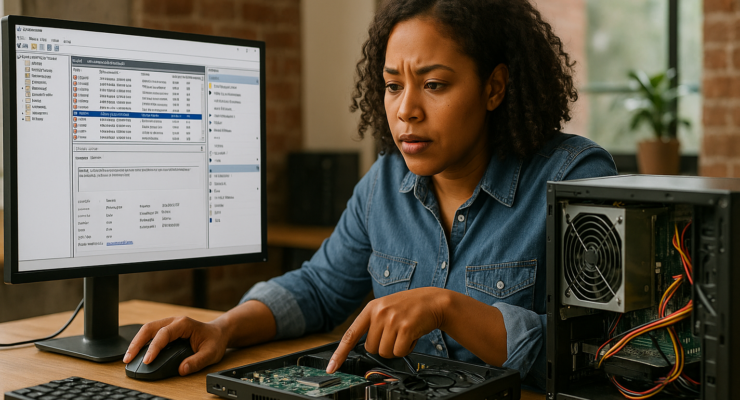 Person working on a computer while addressing Debugging Random Reboots: Event Viewer, Minidumps, and PSU Telemetry