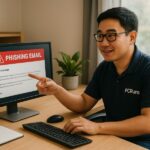 Person working on a computer while addressing how