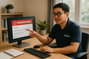 Person working on a computer while addressing how