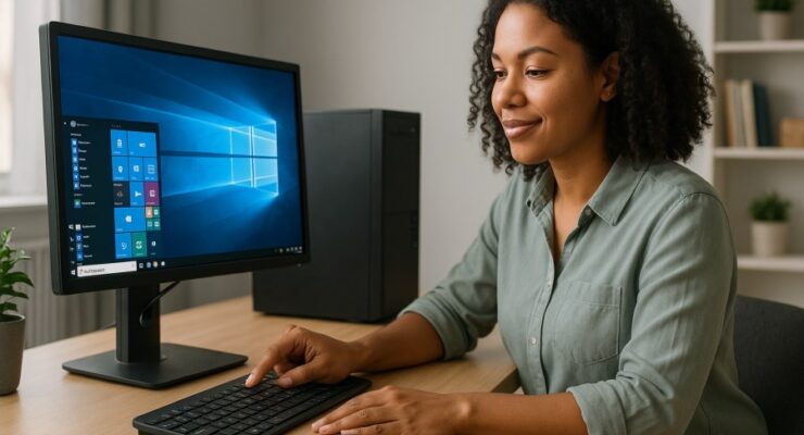 Person working on a computer while addressing shut down PC safely
