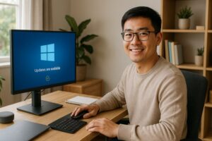 Person working on a computer while addressing update Windows safely