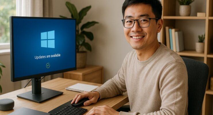 Person working on a computer while addressing update Windows safely