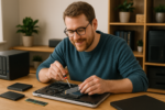 Person working on a computer while addressing local vs NAS vs cloud storage